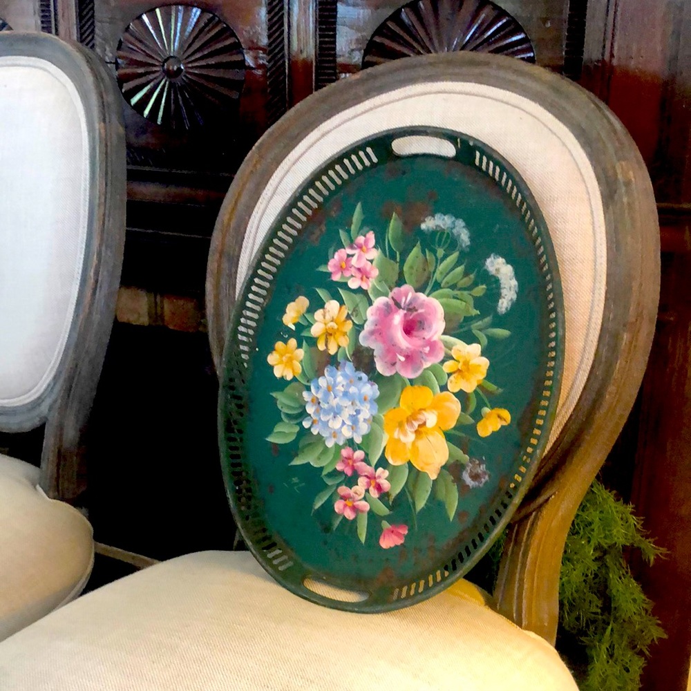 Antique Shabby chic serving tray HAND PAINTED Vintage patina rusty Rose treasure